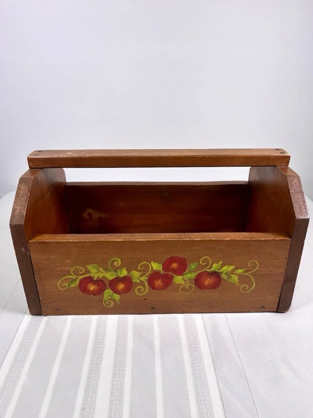 VTG 70s Wooden Carry Caddy Apple Folk Art Farmhouse Organizer Cottage Rustic